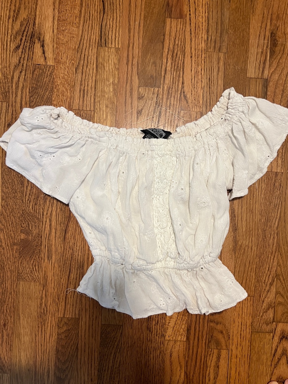 Angie White Off-Shoulder Eyelet Crop Top